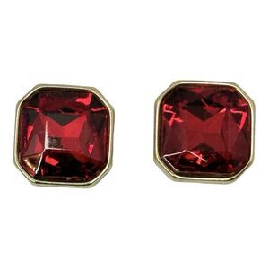 Red Faceted Glass Square Clip On Earrings  5/8" Gold Tone Shimmering Formal